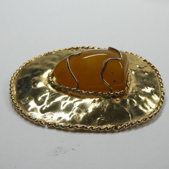 Gold Statement Brooch Pendant Agate Amber Stone Center Signed Barmell Large Pin - Picture 4 of 14